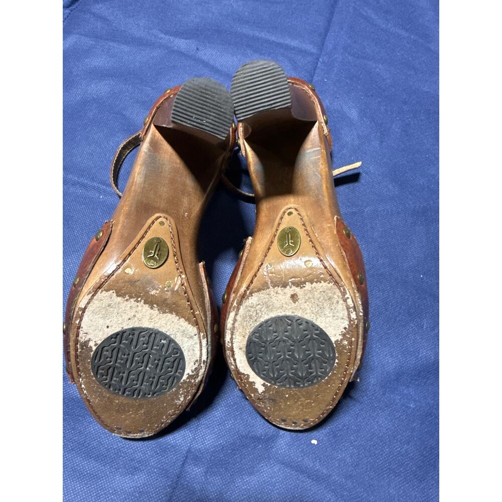 Frye Tan Dolly Jeweled Wooden High Heel Leather T-Strap Sandals Boho Bohemian7.5 - Picture 9 of 11